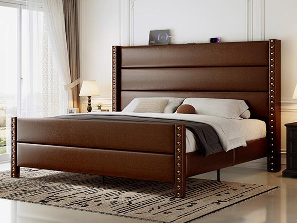[Summervibes]Modern Brown/Black Leather Bed Frame with USB Charging, Tall Upholstered Headboard, No Noise, Easy Assembly – Bedroom Upgrade Must-Have