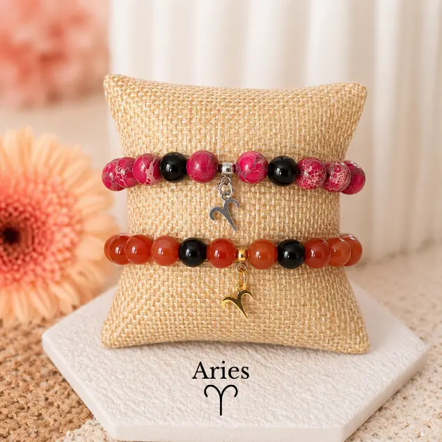 Aries Zodiac Bracelet Carnelian Red Jasper Black Onyx | Confidence Motivation Protection | Handmade Crystal Jewelry Gift