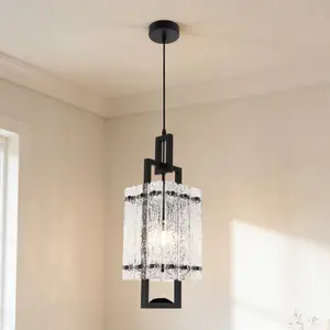 5.9 Inch Black Modern Water Ripple Glass Square Pendant Light, Height Adjustable for Kitchen Island Dining Room Bedroom Foyer