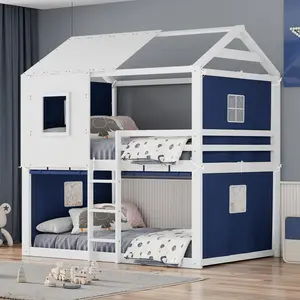 Full over Full House Bunk Bed, Solid Wood House Bed with Tent
