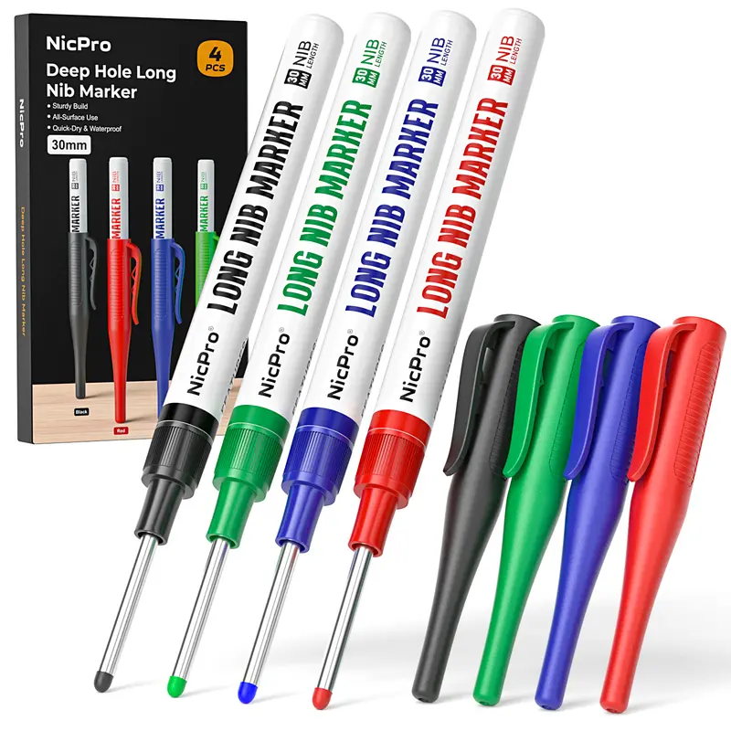 Nicpro 4 PCS Waterproof Marker Set - Long Nib, 30mm Deep Hole, 1.3g, Broad High-Visibility Lines, Quick-Dry Construction Markers with Longer Lifespan for Metal, Woodworking, DIY Crafts (Office Stationery Writing Tool)