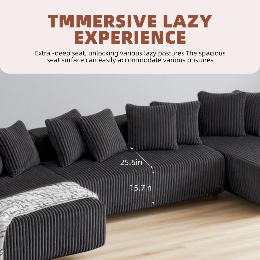 【3 Packages shipping】132" Oversized U-Shaped Cloud Sectional Sofa, Includes Chaise Lounge + Recliner + 6 Pillows, Plush Corduroy Fabric, Boneless Comfort Style, Stylish Furniture for Living Room/Bedroom Modular