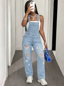 Spring Summer New Plus Size Women's Jumpsuit Light Blue Ripped Loose Fit Comfortable Casual Vacation Daily Wear Denim Backless Pants