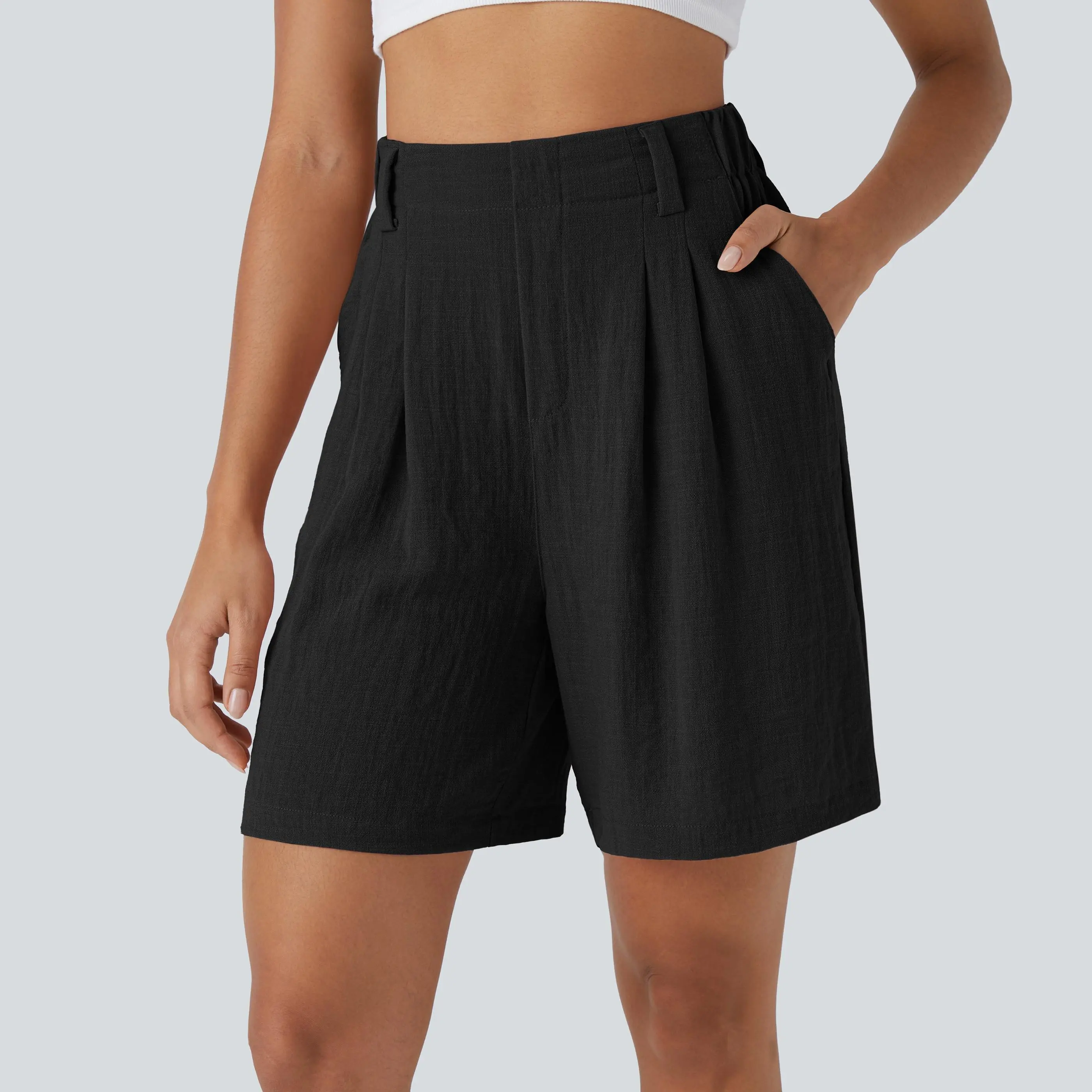 Halara High Waisted Side Pocket Wide Leg Casual Linen-Feel Bermuda Shorts
