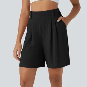 Halara High Waisted Side Pocket Wide Leg Casual Linen-Feel Bermuda Shorts