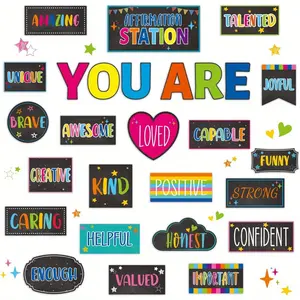 2D Flat 27pcs Affirmation Station Bulletin Board Set Motivational Bulletin Board for Classroom Decor Mental Health Posters Positive Affirmations Accents Cutouts for Teachers School Chart Wall Supplies