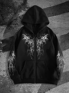 Trendy Street Style Fitted Zip-Up Hoodie, Menswear Original Tattoo Graphics Design, Perfect for Casual, Fall & Winter Fashion, Moderate Fabric Thickness, Sweatshirts