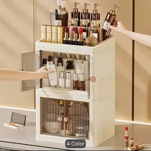 Large-Capacity Apricot-Colored Cosmetic Storage Box - Heavy-Duty Plastic Freestanding/Insertable Makeup Stand, Multi-Layer Shelves, Suitable for Bathroom, Dressing Table, Countertop - Beauty Product Display Stand