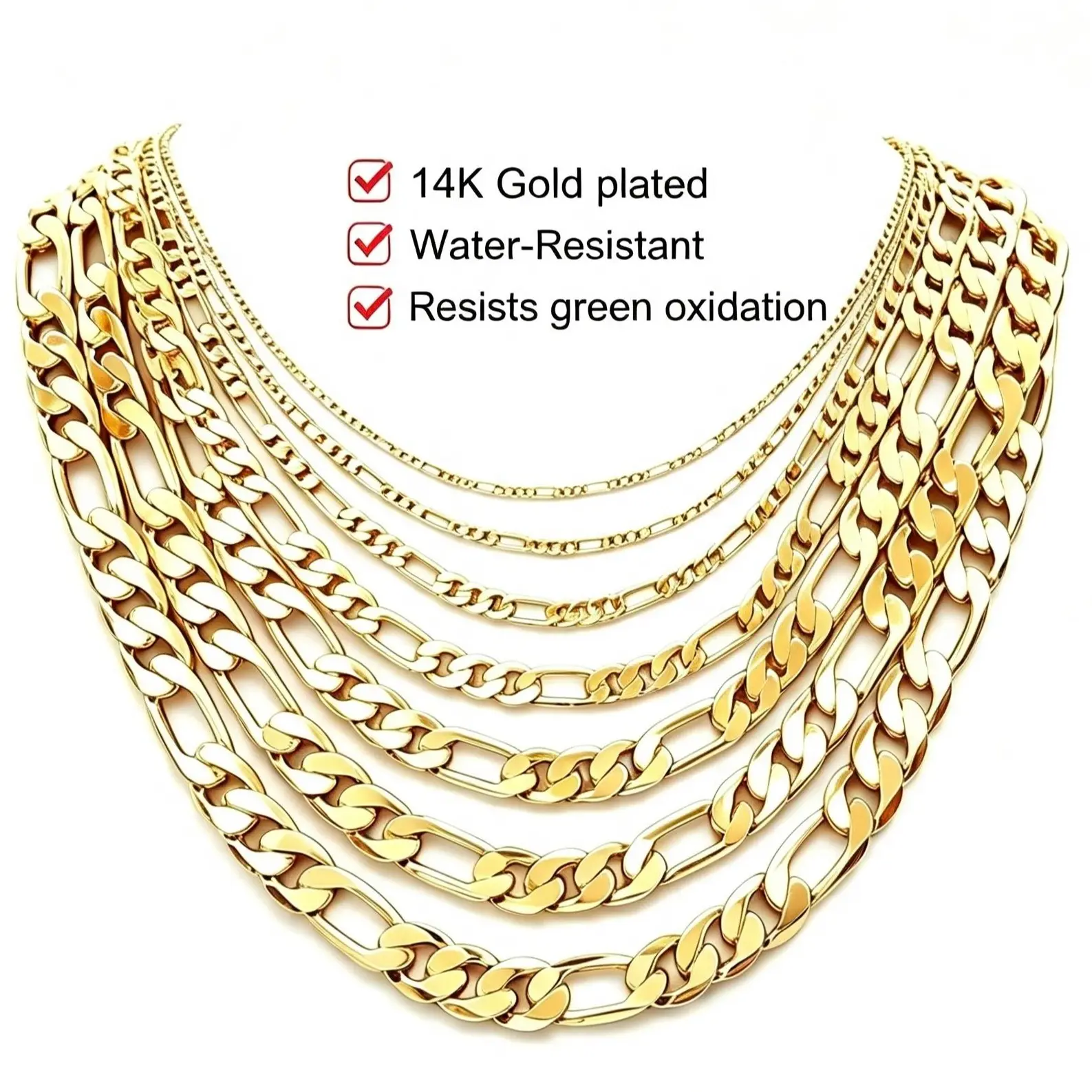 14K Gold Plated Figaro Chain, 2mm/12mm Wide, 20/24 Inch Length, Tarnish-Free Nanotech Coating Necklace, Italian-Style Cuban Link, Minimalist Layering Jewelry
