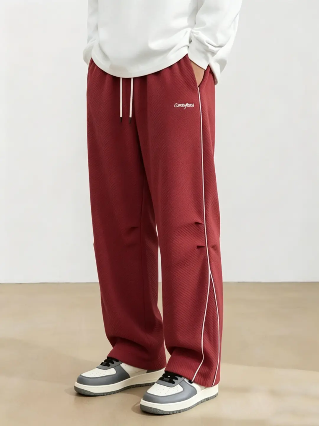 Men's Red Side Stripe Joggers - Casual Straight Leg Sweatpants with Drawstring for Streetwear & Daily Wear, Pants, Mens Clothing, Activewear Bottoms, Red Drawstrings Men's Pants, Elastic Drawstring Men's Pants