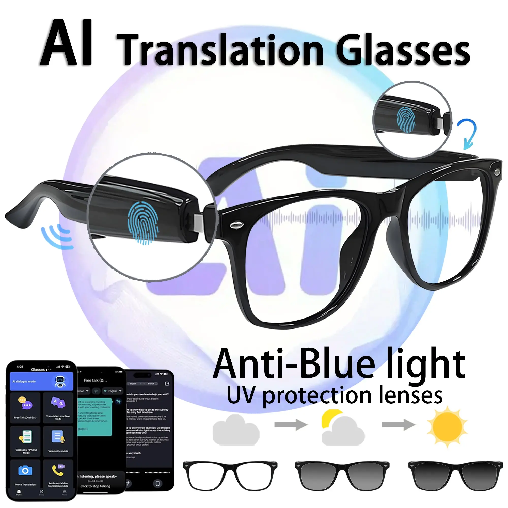 Ai Smart Wireless Translation Glasses, Unisex with Speaker, Supports Wireless Calls and Music, Multilingual Translation for Sports, Travel, Driving, Business, Multifunctional Smart Glasses, Wearable Tech Glasses