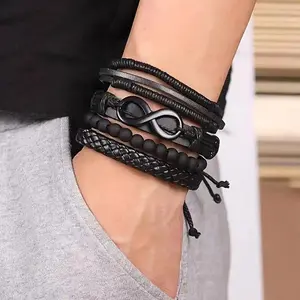 Men's 4pcs Infinity Symbol Faux Leather Bracelet Set Vintage Infinity Bead Multi-Layer Band for Rock & Carnival Fashion Comfortable Everyday Wear