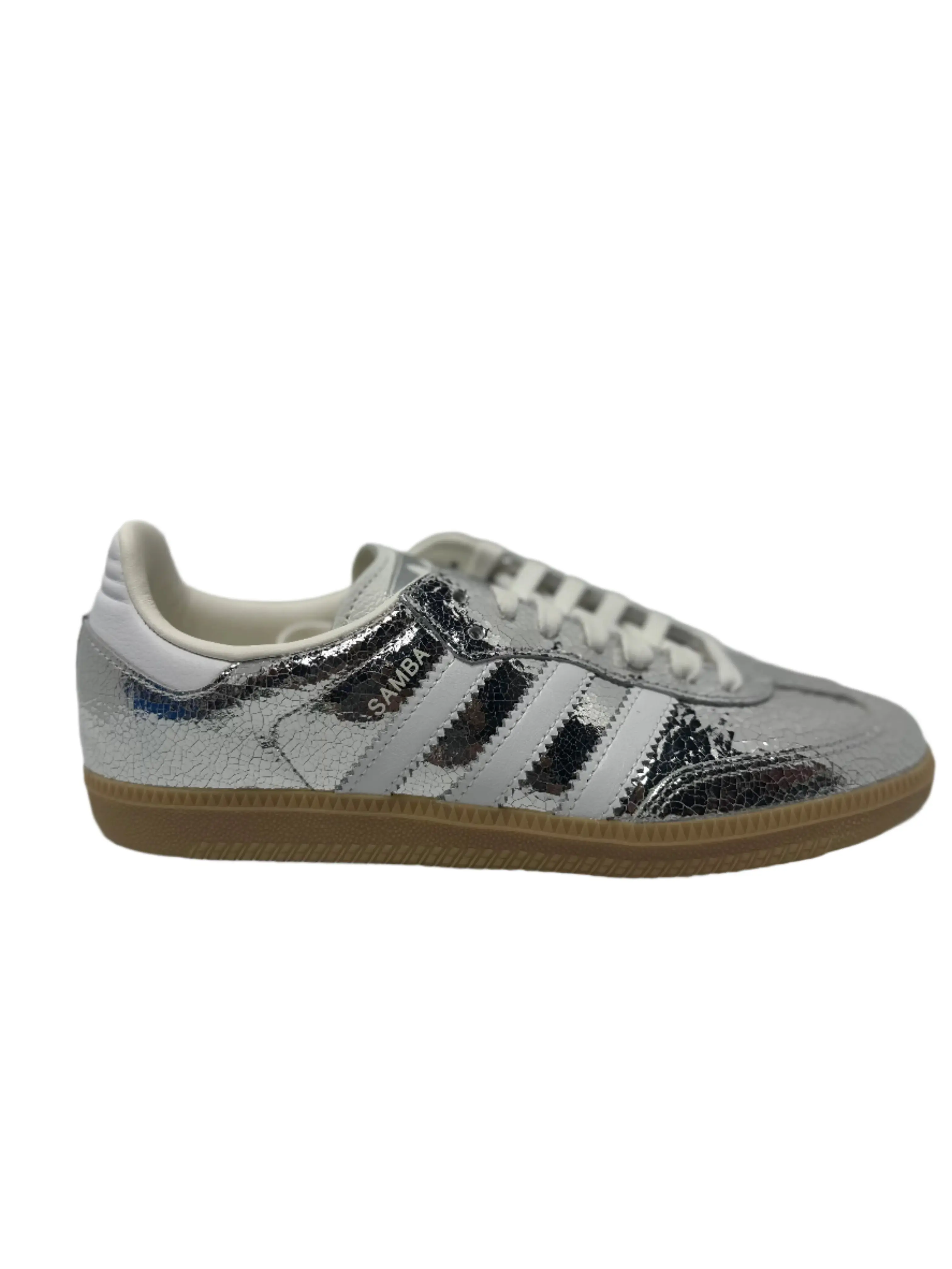 Adidas Samba OG Silver Metallic Cracked Leather Women's Sneaker JR0035 Athletic Trainer Sports Shoes