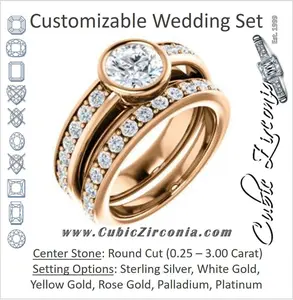 CZ Wedding Set, featuring The Racquel engagement ring (Customizable Cathedral-Bezel Round Cut Design with Stackable Round-Accented Band)