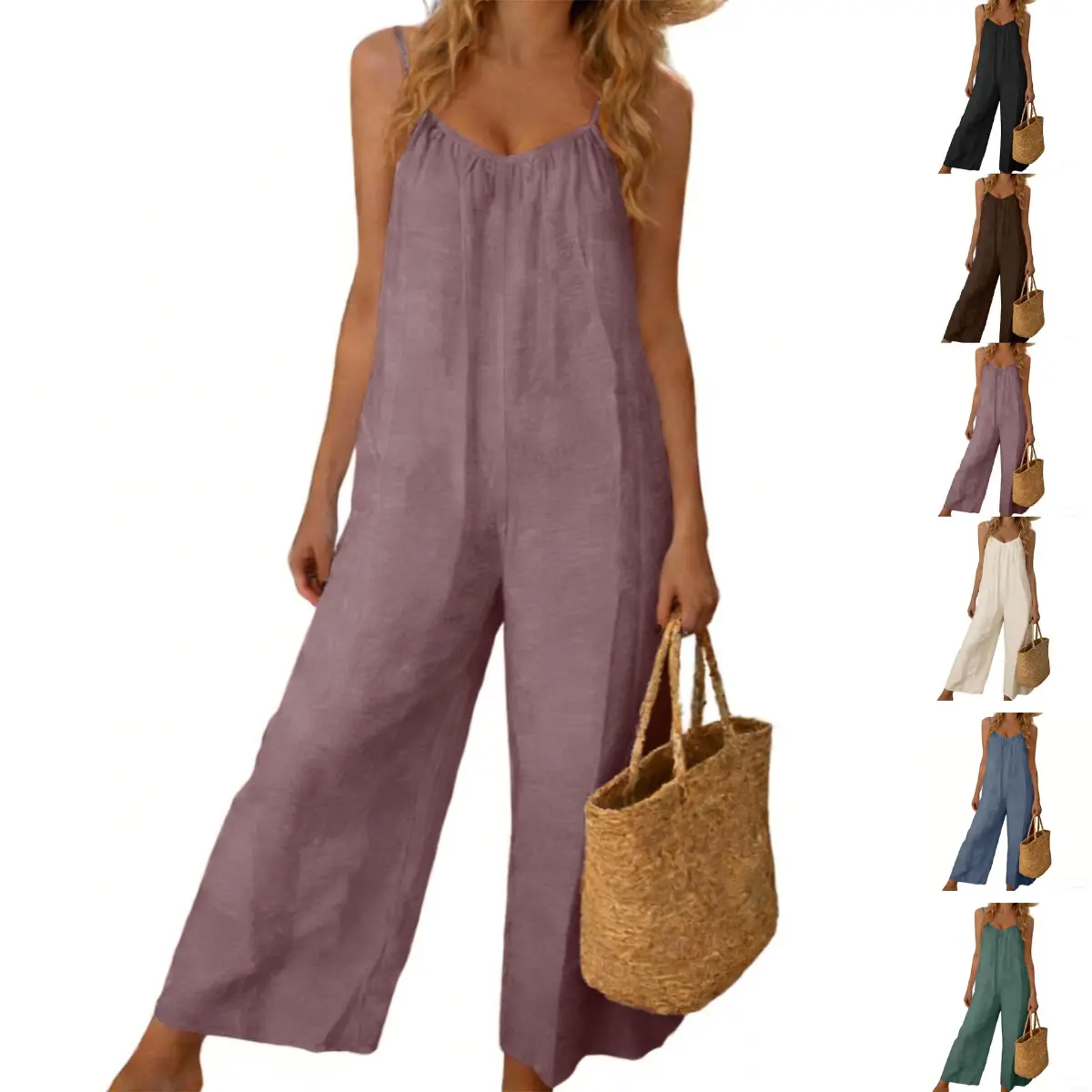 JovenPara Women's Overalls for Women - Open Back Sleeveless Spaghetti Strap Wide Leg Casual Jumpsuits, Loose Summer Style with Pockets, Jumpsuits For Women