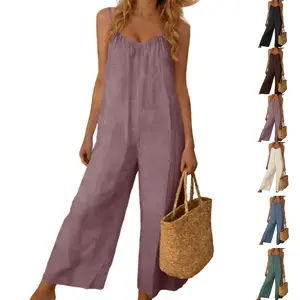 JovenPara Women's Open Back Sleeveless Spaghetti Strap Wide Leg Jumpsuits Loose Casual Outfits Summer with Pockets