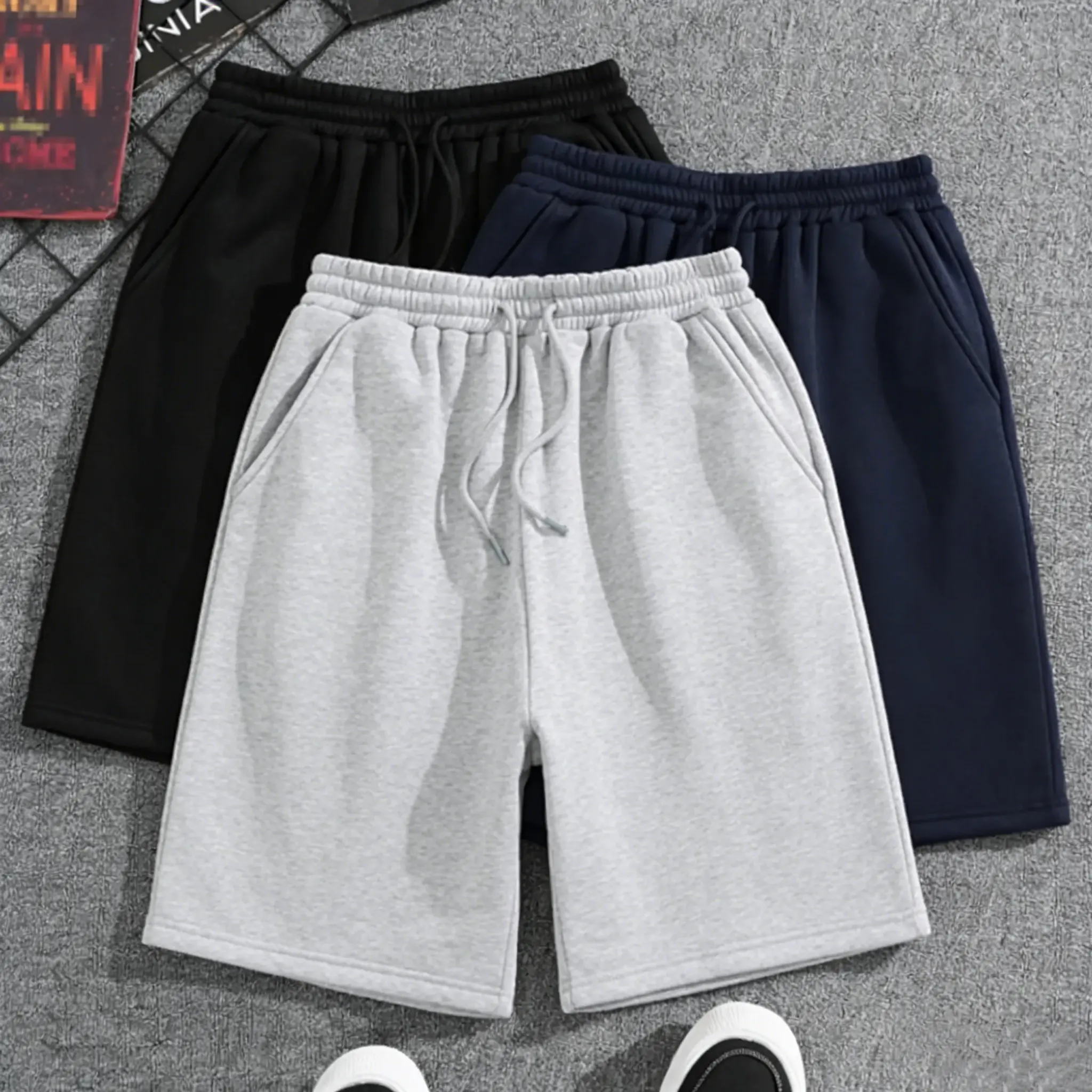 Men’s solid-color elastic-waist loose straight-leg shorts (3-pack); multifunctional basic knit athletic shorts; minimalist casual street-style athletic shorts; plain beach shorts—suitable for everyday wear, outdoor activities, outings, seaside vacations,,
