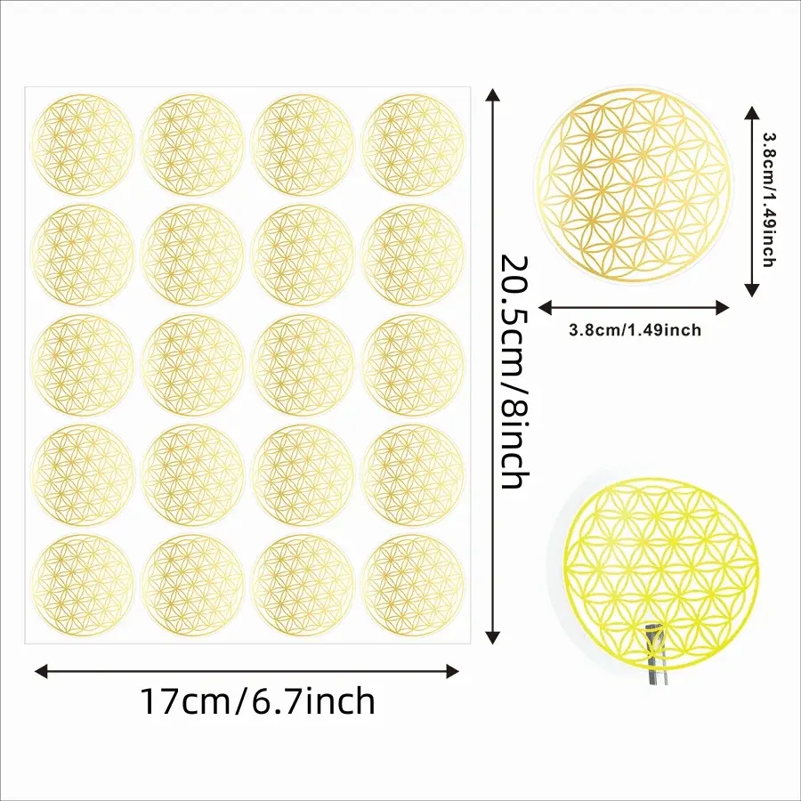 100Pcs Golden Transparent Flower of Life Stickers, 1.5" Round Glossy PVC, for Phone, Journal, Envelope, Cup, Ceramic Surfaces