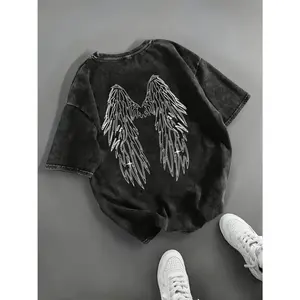 Angel Wings Graphic Loose-fitting Washed Black T Shirt Unisex Streetwear Vintage Tee Soft Cotton Crewneck Casual Summer Outfit For Men And Women