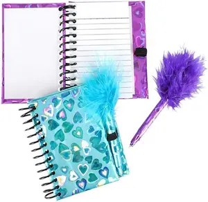 Notebook and Pen Set for Kids, Set of 2, Feather-Tipped Pen and Small Glittery Note Pad with Loop Pen Holder Per Set, Fun Stationery Party Favors, Goodie Bag Fillers, Teacher Rewards