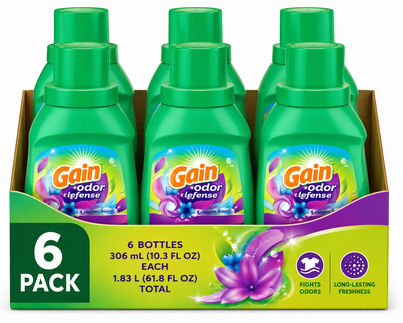 Gain Odor Defense Liquid Laundry Detergent, 6 Pack – Fights Odors, Long-Lasting Freshness, HE Compatible
