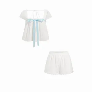 Cider Cotton Square Neck Puff Sleeve Bowknot Top & Shorts Set