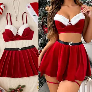 Women Santa Christmas Costume Sexy Velvet Lingerie Sleepwear Xmas Bra And Skirt Set