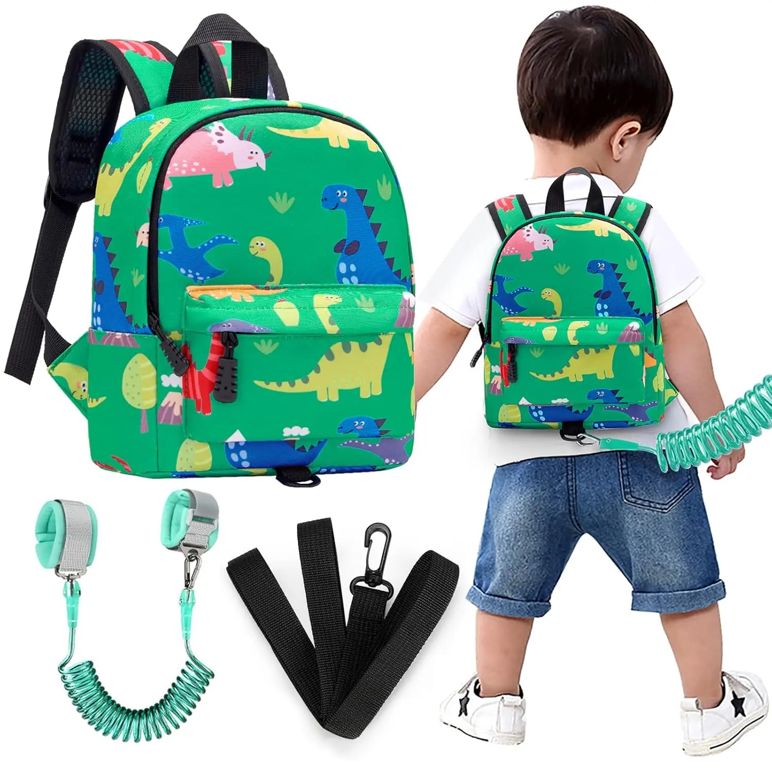 KF5-LWL06 Polyester Toddler Anti-Lost Backpack Leash with Wrist Link & Walking Harness, Cute Dinosaur-Design Mini Bag Tether Rein for Baby Boys (Green) – Ideal for Fairs, Airport, Park, Dinosaurs, Museums, 0 - 3 Years, Kid Safe Backpacks, Dino Graphic Bac