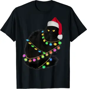 Black Cat Santa Hat Light Tree Funny Ugly Christmas Sweater T-Shirt - 27B08MC8645D