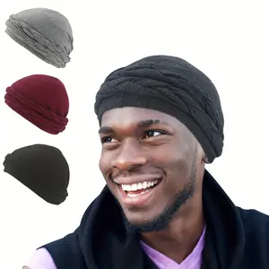 Men's Handcrafted Double-Layer Braided Modal Headscarf Cap in Solid Colors - Soft, Breathable Polyester with Satin Lining for All-Season Comfort