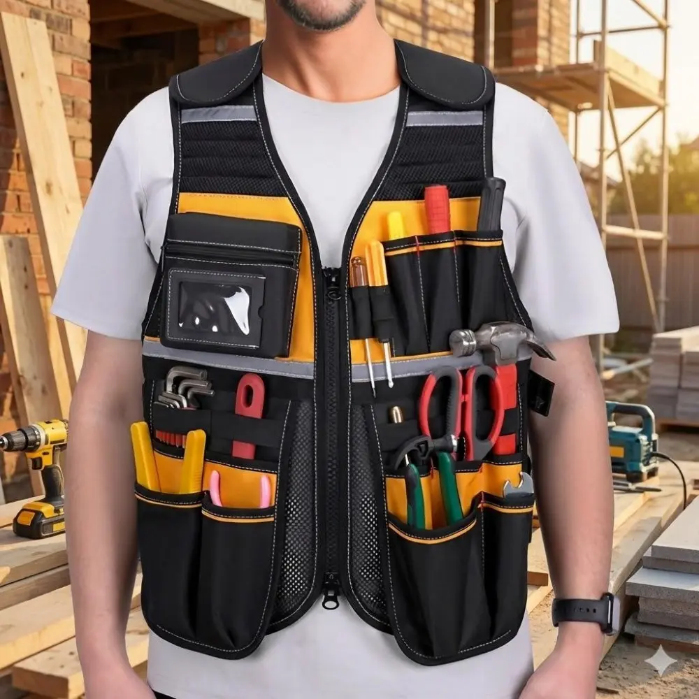 Durable Multi-Pocket Work Vest - Breathable Reflective Tool Organizer for Construction, Repair, Gardening, and Heavy-Duty Use - Waterproof and Portable Gear for Carpenters, Electricians, and Mechanics