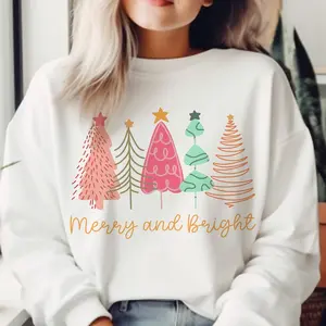 Merry And Bright Shirt, Retro Christmas Tree Sweatshirt, Retro Pink Christmas Tee , Retro Christmas Holiday Winter Sweater