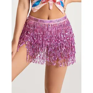 Golden Sequin Fringe Mini Skirt with Adjustable Waistband - Sexy Glamorous Party Dress for Nightclub, Disco, and Festive Occasions - 100% Polyester, Loose Fit, Hand Wash Only