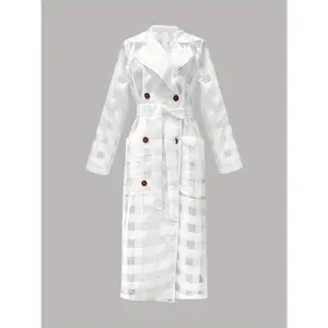 Women'S Elegant Belted Trench Coat - Long Sleeve, Button-Up Front, Structured Fit, White Mesh Panel, Spring/Fall Outerwear, Casual Chic Jacket for Everyday & Formal Events, Seasonal Fashion, Classic Collar, Durable Fabric, Stylish Outerwear, Office Attire