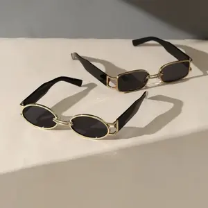 2-Pack Women's Oval & Rectangular Fashion Sunglasses - Black AC Lenses & Golden-Tone Zinc Alloy Frames, Everyday Eyewear for Casual or Formal Outfits, Stylish Street Photography Glasses, Sun-Shading Glasses for Outdoors.
