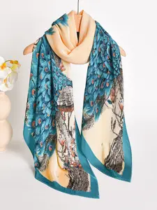Women's Pleated Scarf, Elegant Blue Peacock Pattern Shawl, Casual Fashion Wrap, Multifunctional Textured Silk Scarf, All Seasons