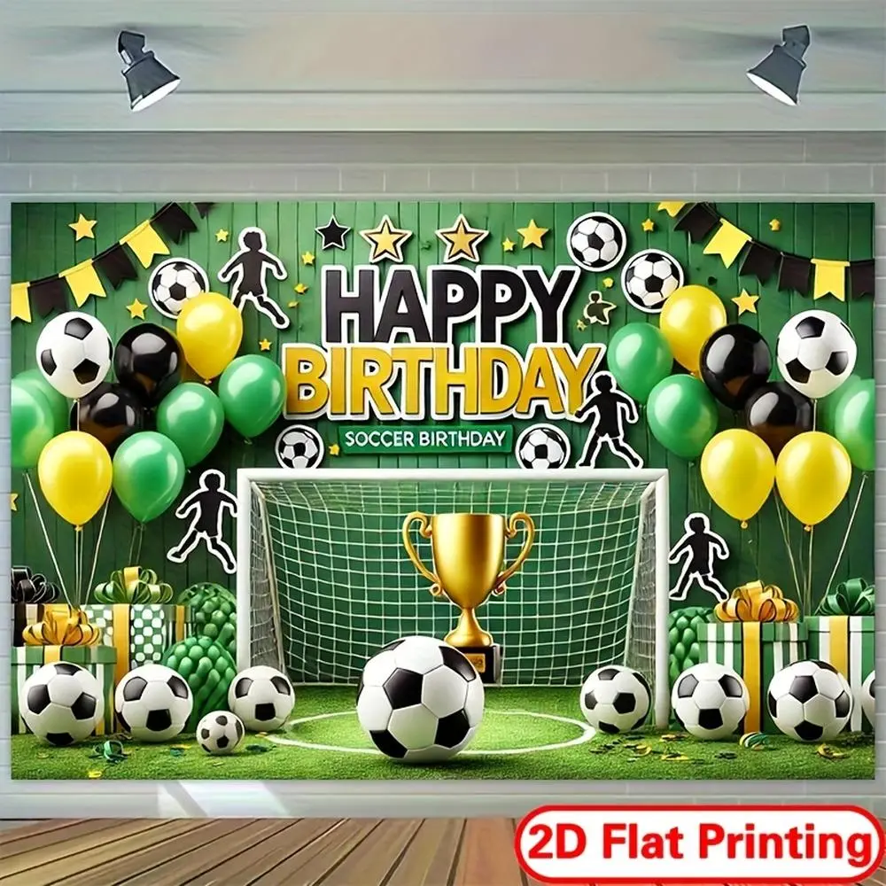 Soccer Birthday Party Backdrop Banner, 1pc Polyester Party Decor with Vibrant Green-Black Football Theme, 2D Flat Printing, "Happy Birthday" Text, Golden Trophy & Balloons, Durable Photography Backdrop,summerwins