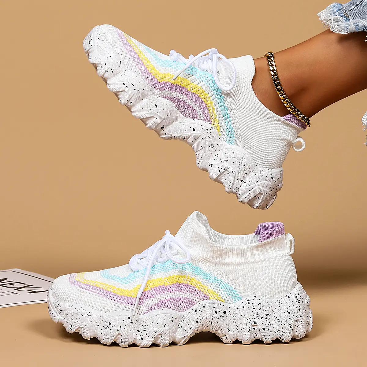 Leafage Women's summer lace-up sneakers with closed comfortable ankle socks for casual walking shoes