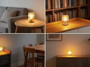 Cordless battery-powered table lamp with timer and warm LED lighting. Featured glass casing in amber tone, suitable for bedroom, bathroom and living room decor.