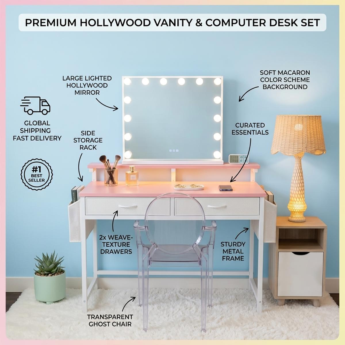 【Vanity & Office Desk】31.5'' Gaming Desk with LED Lights in Dorm & Tiny home,Computer desk with 2 Storage Drawers,Home Office Desk with Side Pocket & Ergonomic Monitor Stand,Writing Table with Anti-Tip Design, gift for Women and Teens,women bedroom decor