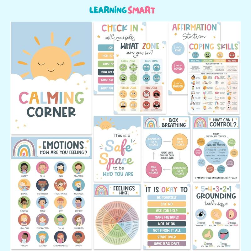 Kyleray | 12 Pcs Calming Posters – ESL, Emotions Chart & Feelings Wheel for Kids, Calm Down Corner Supplies, Classroom & Therapy Decor Visual Learning to regulate emotions and emotional intelligence Tools