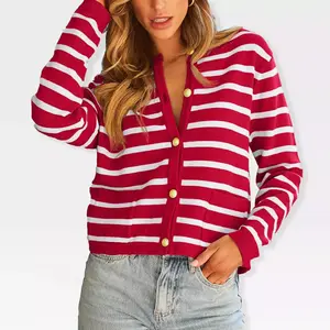 Womens Cardigan Sweaters Front Button Stripes Cardigan At Waist Long Sleeve Casual Sweater Jackets Soft Open Front Cardigan,Red Stripes - M