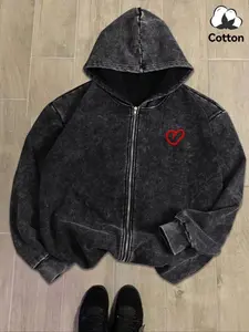 Men's Hooded Zipper Sweatshirt, Casual Sweatshirt Hoodie, Fall & Winter Casual Loose-Fit Cotton Pullover, Valentine's Day Heart Print, Unisex Daily Wear Gift