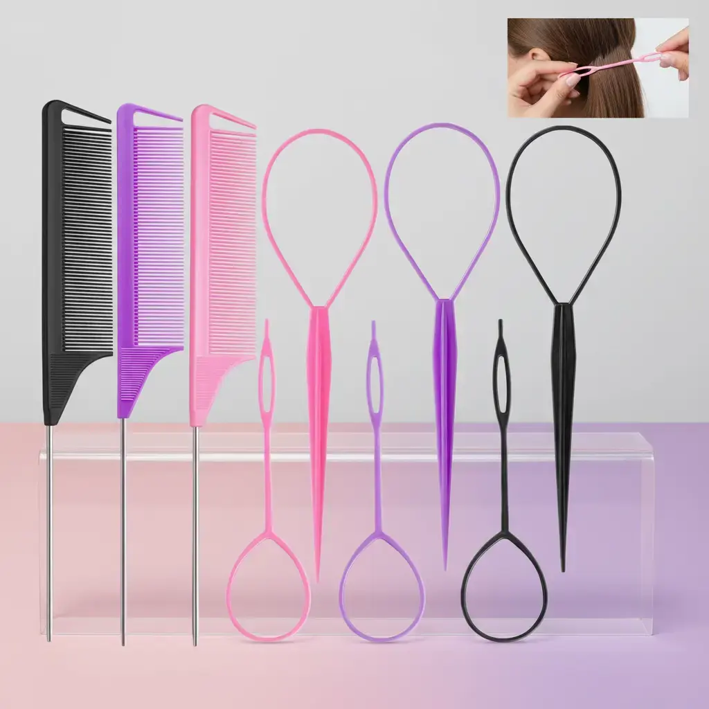 Heatless Haircare Kit - Hair Styling Tools Set with 9pcs Topsy Tail & Rat-Tail Comb, 6pcs Flexible Plastic French Braiding Rings, 3pcs Metal Parting Combs for Adults (Pink, Purple, Black) for Styling Ease, Adults Gifts, Hair Brushes & Combs