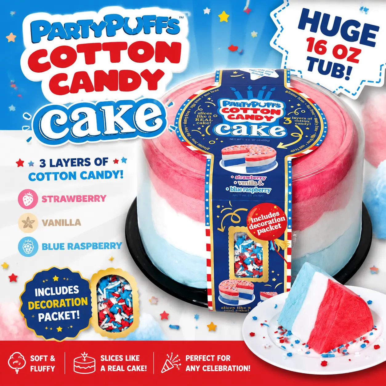 PartyPuffs HUGE Red White Blue USA Cotton Candy Cake Tub 16 oz  Patriotic Cotton Candy Dessert | Party Treats & Holiday Celebrations