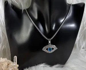 316L Stainless Steel Necklace with Evil Eye Rhinestone Pendant (Silver)