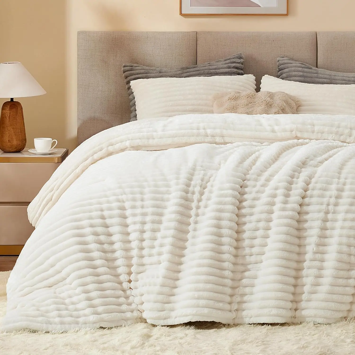 Queen Comforter -Super  Warm Fluffy Cream White, Fuzzy Heavy for Winter with 2 Pillow Cases