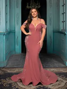 Plus Size Mermaid Prom Dress Off The Shoulder Rhinestone Formal Evening Gown for Women Elegant Glamorous Woven Fabric Medium Stretch Fully Lined Floor Length Design - Womenswear