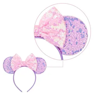 Cartoon Minnie Mouse Ears Headband for Women and Men, Sequin Bow with Purple and Pink Colors, Perfect for Parties and Trips - Clothing, Suits