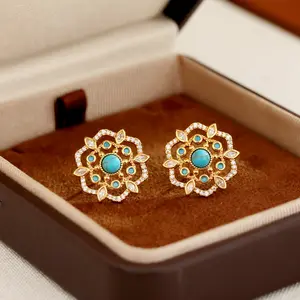 New Chinese 8 Treasures Turquoise Flower Stud Earrings, 18K Gold Plated 925 Sterling Silver Pin Hypoallergenic Earrings, Cubic Zirconia Inlaid Ethnic Boho Luxury Statement Jewelry for Women, Gift for Her